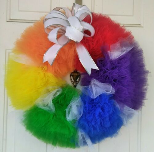 Rainbow Wreath Handmade with Tulle & Metal Form! New! Free Shipping!