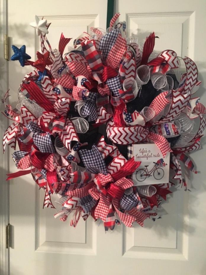 New Handmade Patriotic Deco Mesh Ribbons Wreath Door Red White Blue