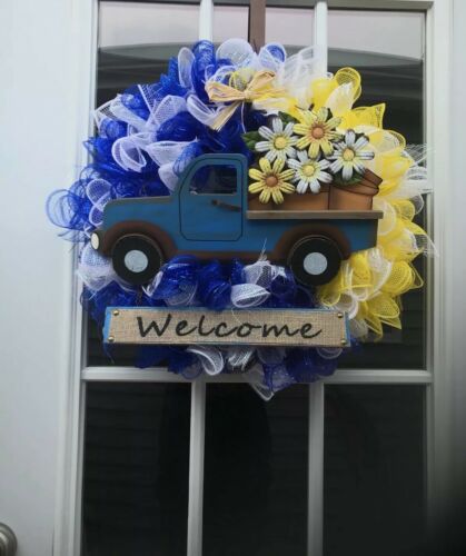 Spring Deco Mesh Wreath  With Truck