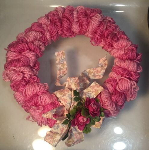 Vintage Handmade Pink Yarn Wreath Floral Bow Artificial Floral Arrangement