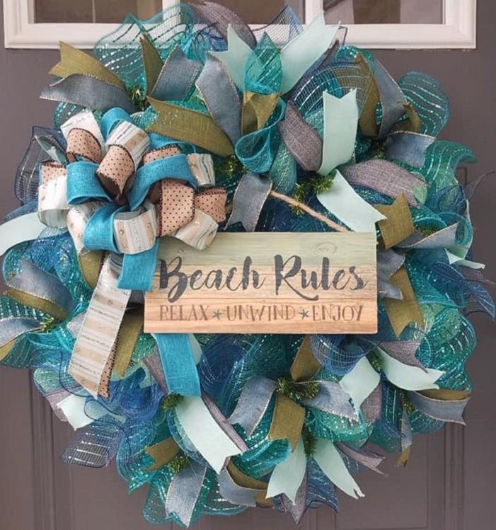 Beach Coastal Wreath Door Decor Blue Green Sand Ribbons Bow Wooden Sign