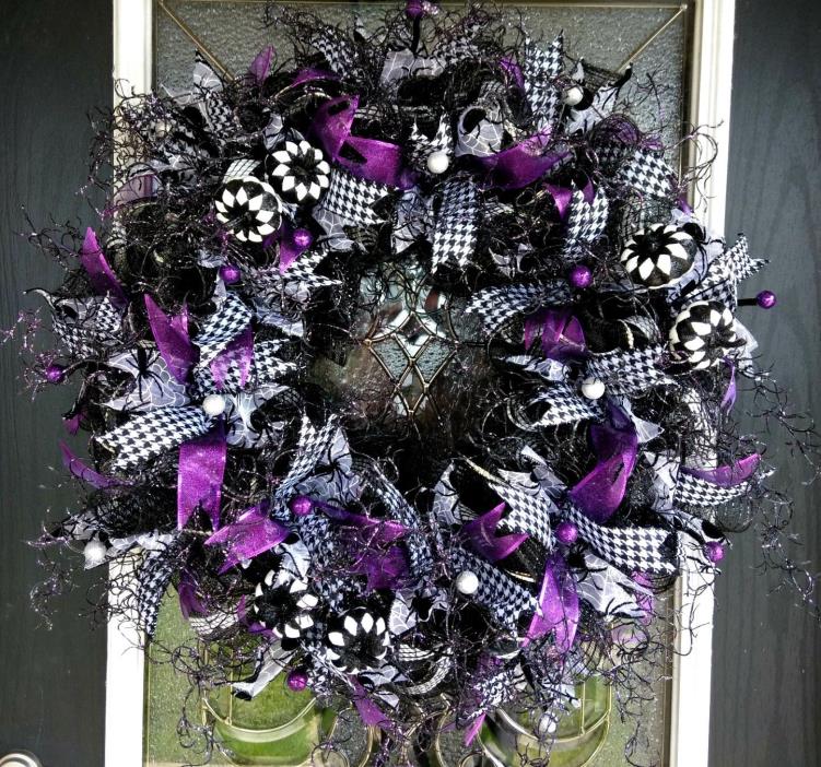 Stunning Purple Black White Halloween Deco Mesh Front Door Wreath, Home Decor