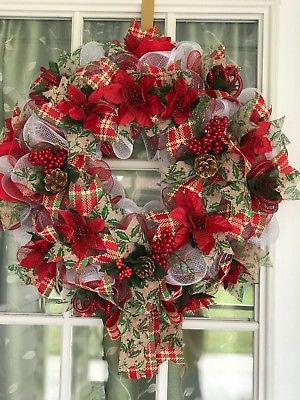Handmade Christmas Poinsettia Deco Mesh Wreath or Centerpiece / Candle Ring