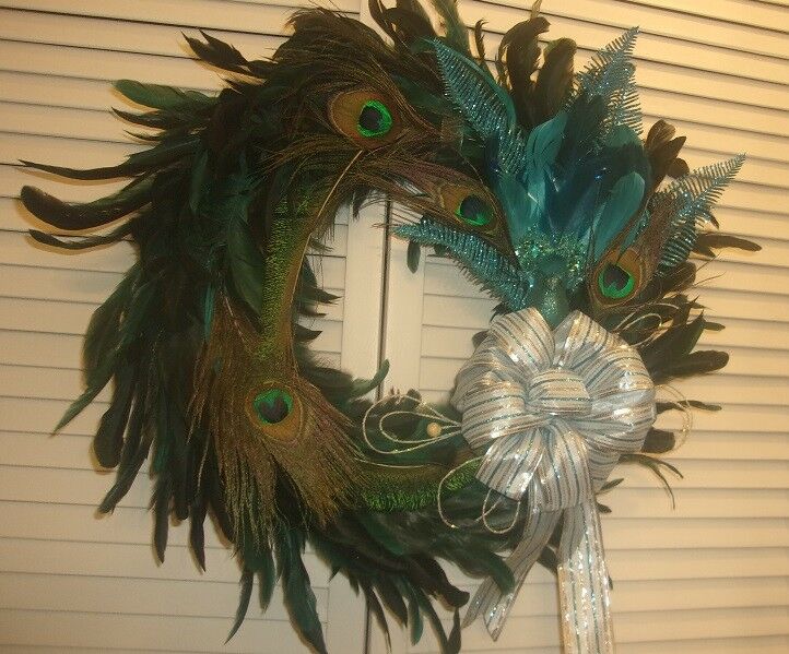 Mixed Peacock Feather Wreath Door Decor Embellished with Blue Bird & Bow NEW