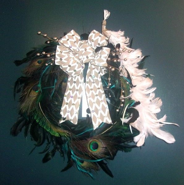 Mixed Peacock Feather Wreath Door Decor Embellished with White Bird & Bow NEW