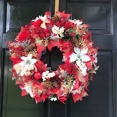 Handmade White Poinsettia Deco Mesh Wreath or Centerpiece / Candle Ring