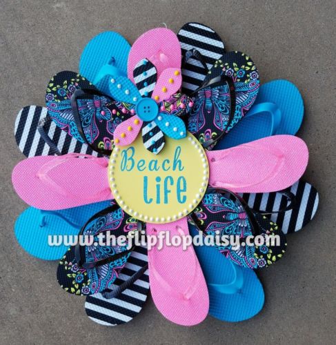 Adorable Beach Life Flip Flop Wreath Door Decor Summer Florida Aqua Black Cute