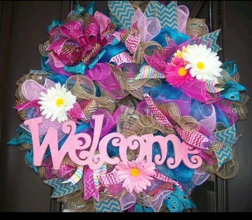 Spring Deco Mesh / burlap Wreath pink Welcome 2762