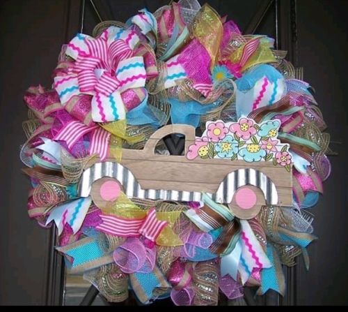 Spring Deco Mesh / burlap Wreath pink blue tan white flowers Vintage Truck 2761