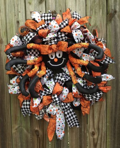 Spider Halloween Wreath, Orange & Black Halloween Deco Mesh Ribbon wreath