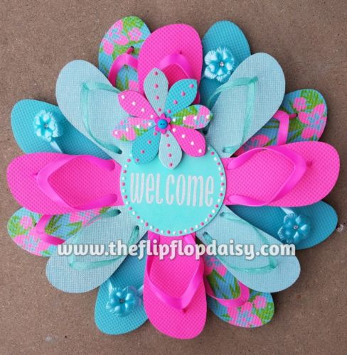 Beautiful Handmade Welcome Flip Flop Wreath Door Decor Beach Aqua Pink Summer