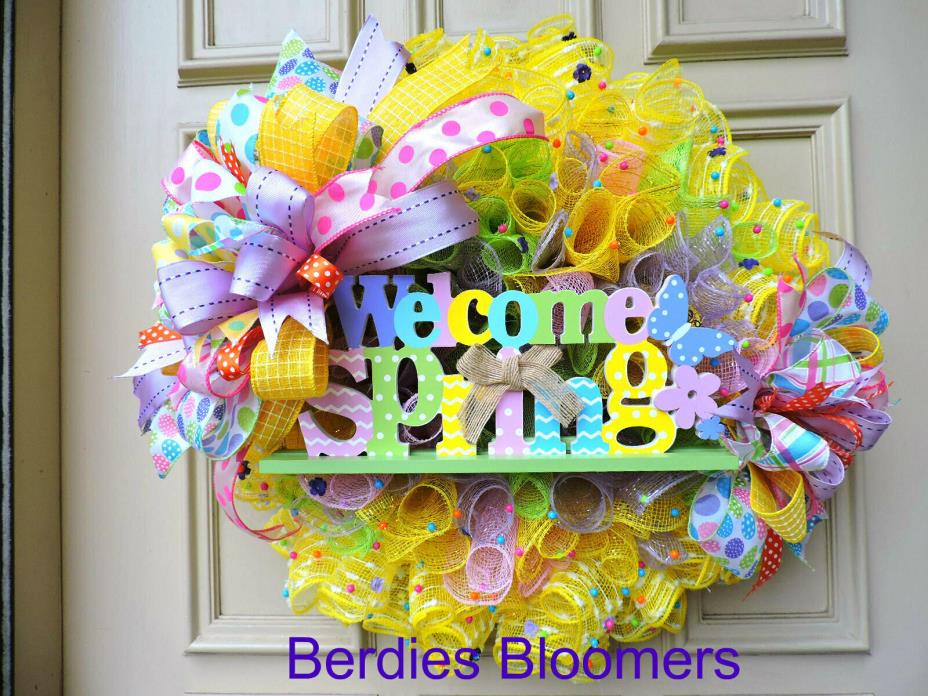 Welcome Spring Mesh Wreath, Easter Front Door Wreath with Sign, Easter Decor