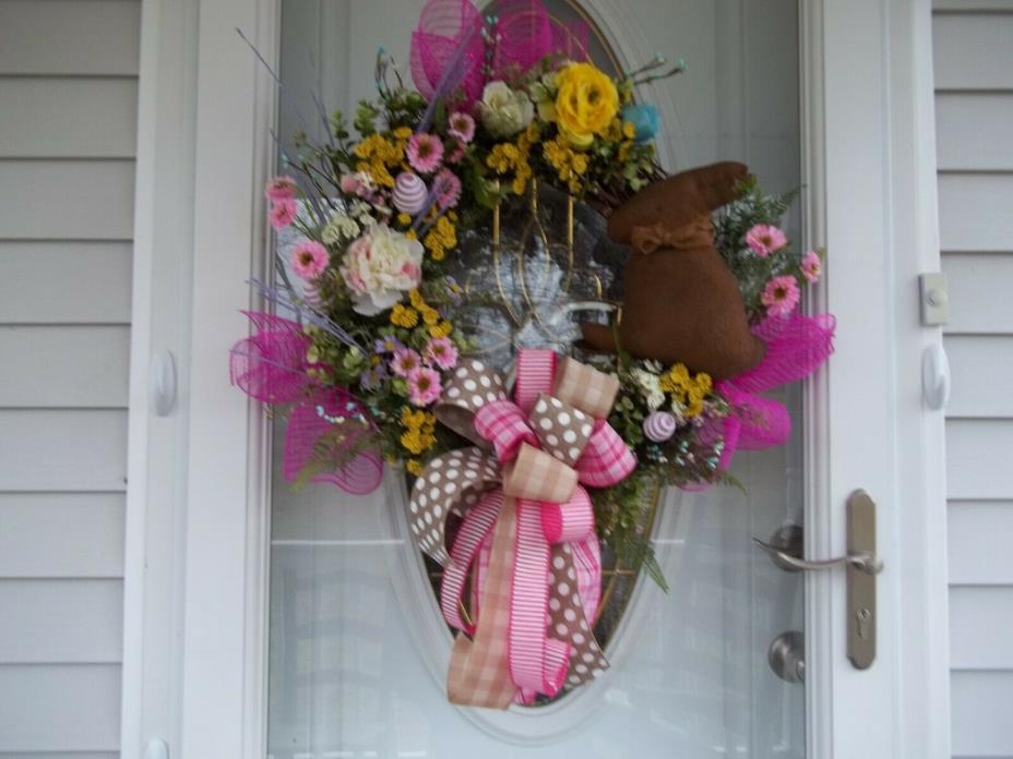 EASTER ~GRAPEVINE~DOOR WREATH~BOW~GREENERY~CHOCOLATE BUNNY~PIP BERRIES~FLOWERS