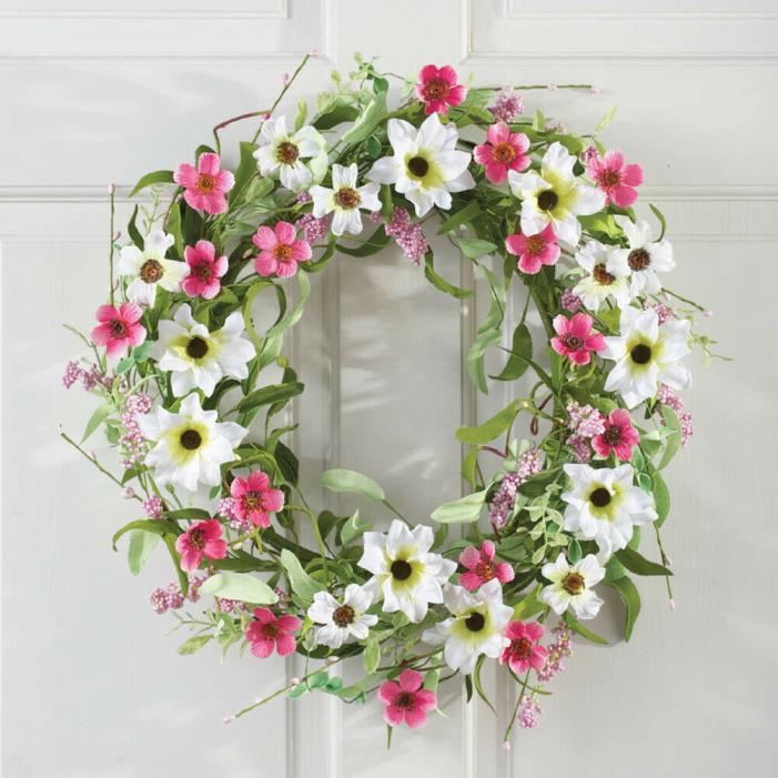 Wild Flowers Pink & White Floral Door Wreath Wall Decor Summer Spring Decor