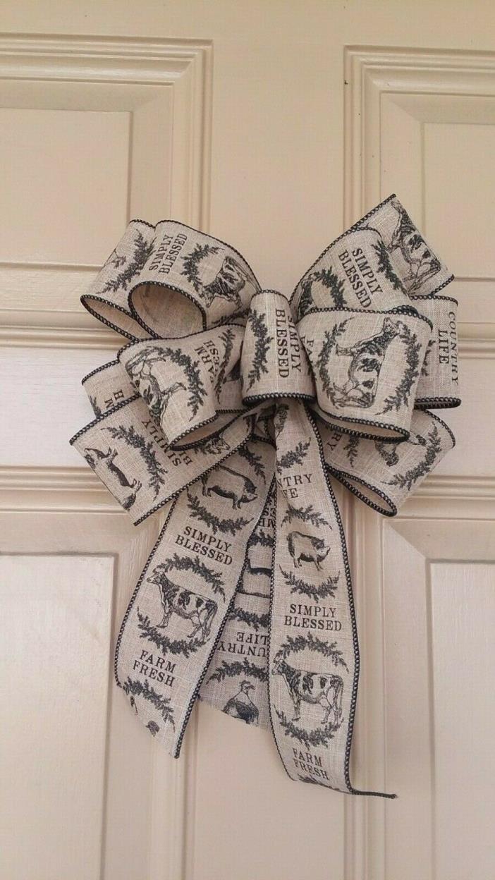 Simply Blessed Country Burlap Front Door Farm Bow ~Farmhouse Wreath Bow