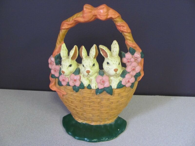 Cast Iron 3 Bunny Rabbits In Basket Doorstop, Vibrant Colors