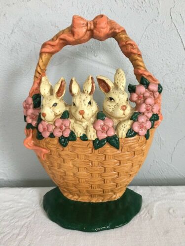 Cast Iron Door Stop Easter Basket Rabbits Flowers Hand Painted Spring Decor