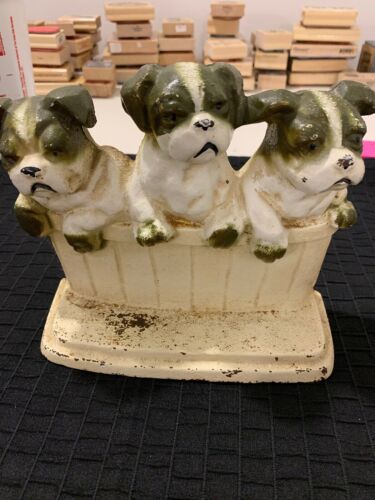 Vintage John Wright Doorstop-3 Terrier Puppies in a Tub-Original Paint