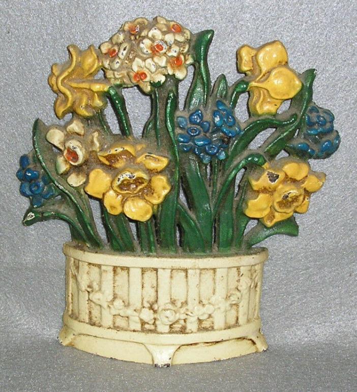 Antique Heavy Cast Iron Doorstop Painted Figural Flower Pot Basket 7