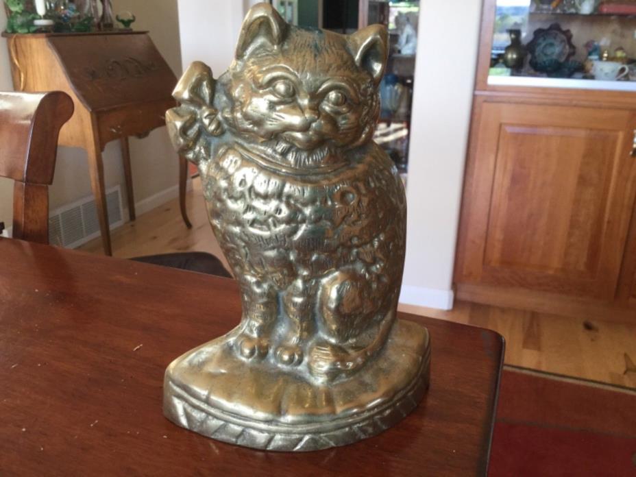 Vintage Cast Brass Victorian Looking Cat with Bow Door Stop 8”