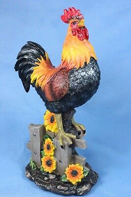 Rooster Statue Crowing Rooster Statue on Fence w Sunflowers Figurine 10.5