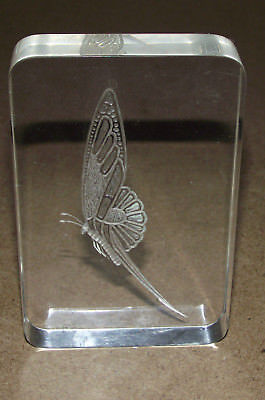 Acrylic crystal clear etched signed M Moffett 86 paperweight moth butterfly
