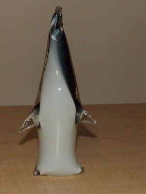 Murano hand blown stretch crystal clear encased black grey white glass penguin