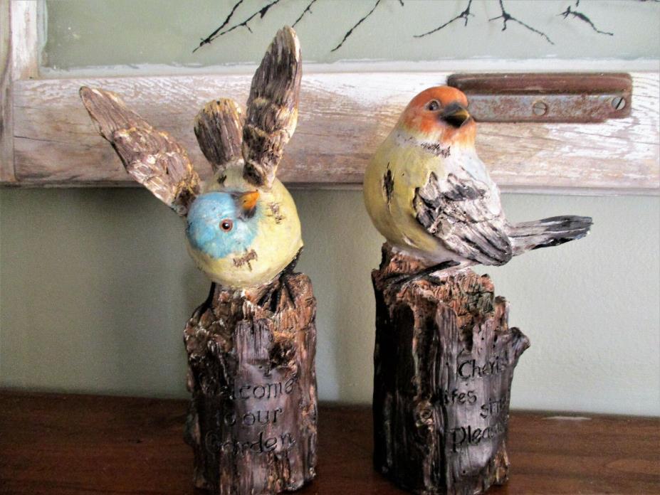BIRDS Message Inscribed Garden Bird on Stump Figurine Indoor/Outdoor SET OF 2