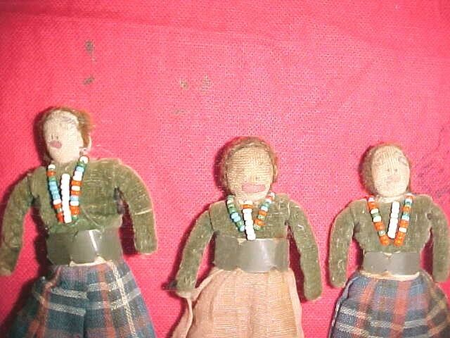 Antique Handmade Cloth Art Mini WORRY Dolls Lot of 3 bugle bead necklaces,