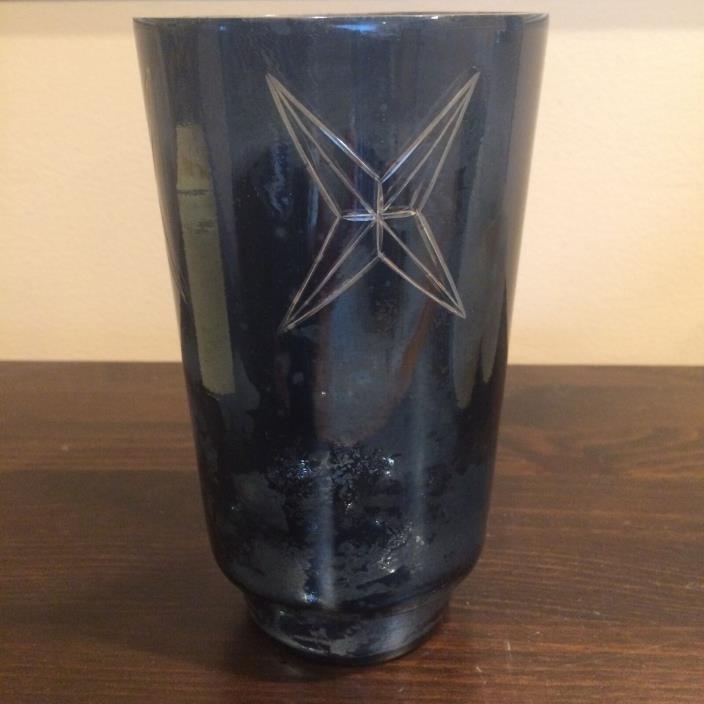 $34 West Elm Hanukkah Mercury Cut Glass Hurricane Blue  Large Vase Candle Holder
