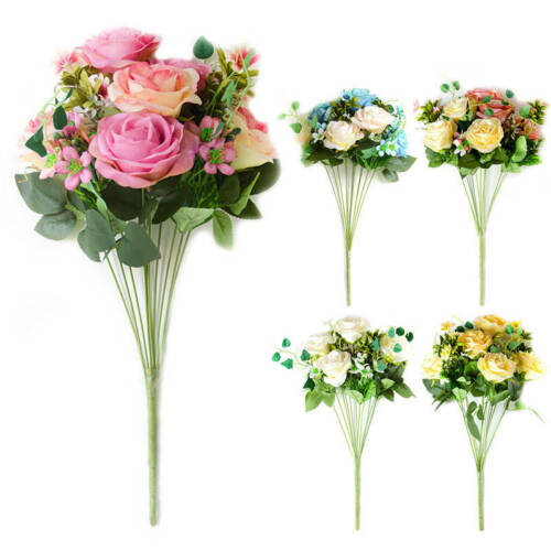 New DIY 11 Heads Artificial Silk Flower Rose Bouquet Room Wedding Decor