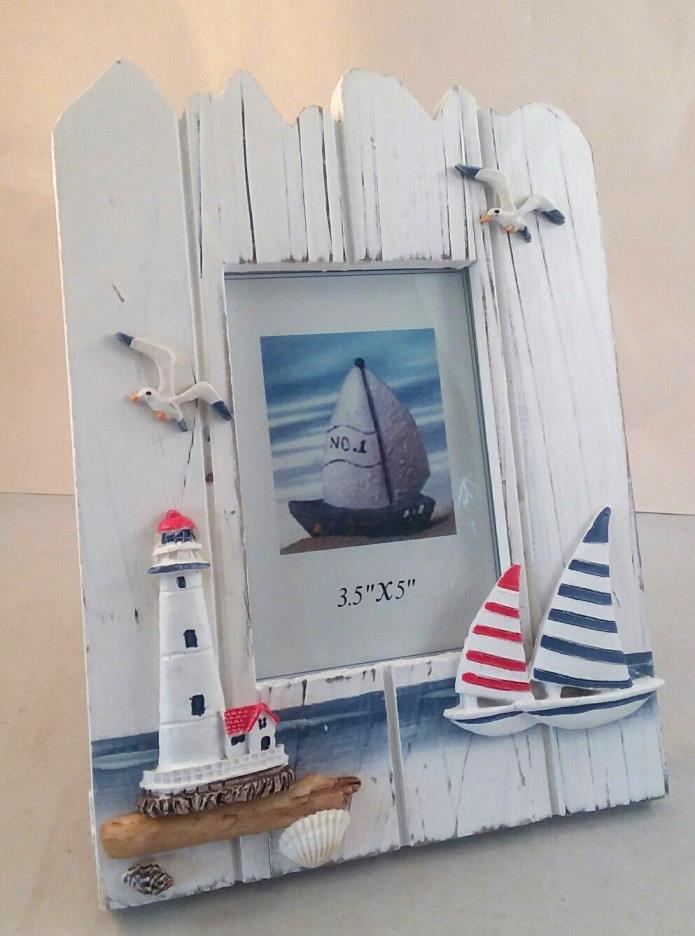 Nautical  Wooden Frame - sailboats lighthouse sea gulls FREE SHIPPING