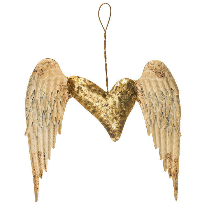 Antique Cream Wings Metal Decor with Gold Heart. FREE SHIPPING