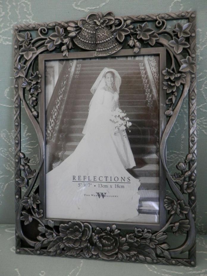 Classic Pewter Picture Photo Frame, 5x7, Wedding Bells & Flowers, New