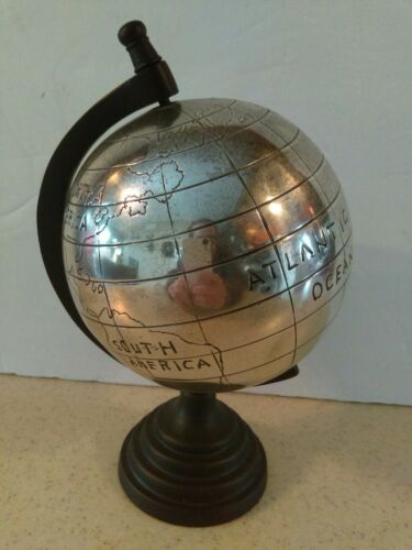 WORLD GLOBE CHROME FINISH ROTATING BROWN  METAL STAND  8.5