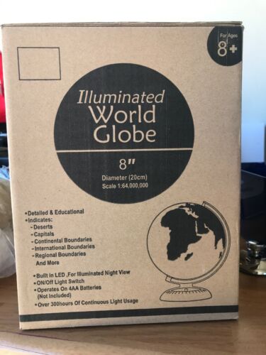 Aprox. 8” Illuminated World Globe On Stand Light Up