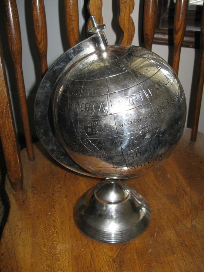 Vintage Silver Metal Rotating World Globe 15