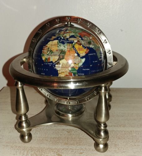 Blue Semi-Precious Gem Stone World Globe w Metal Stand & Compass