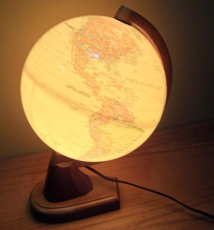 Vintage ILLUMINATED World GLOBE Rotating Axis Table LAMP with WOOD Base~Pacconi