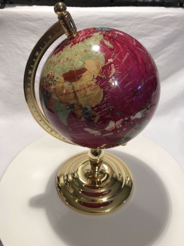 16” Tall Red & Gemstone Table Top Gem Jewel Gemstone World Map Globe 9” Globe