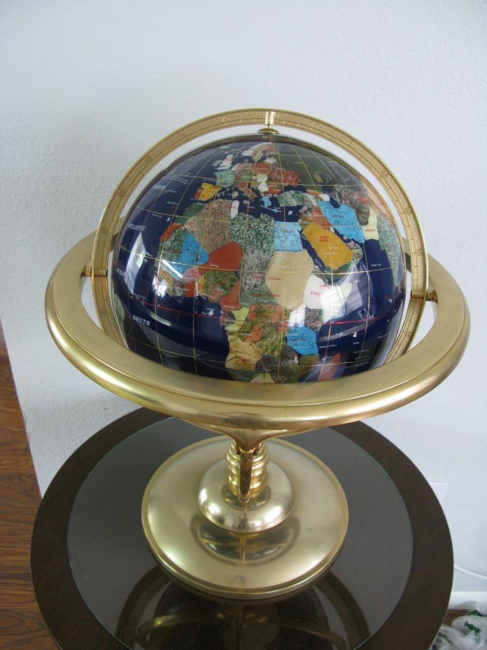 Mother of Pearl Globe W/ Gemstone Inlay On Solid Brass Stand LARGE SIZE 22