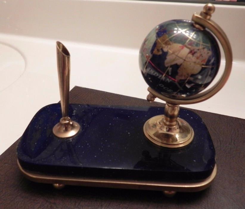 Handcrafted Gemstone Globe Desk Pen Holder Lapis Blue, Nice ! Free Shipping !