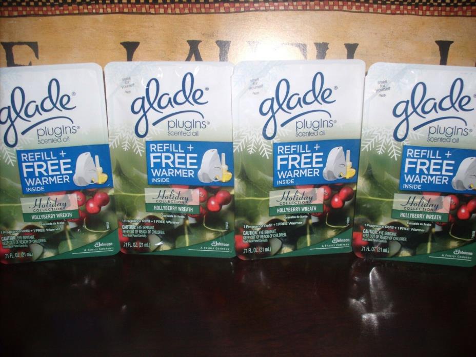 Glade Plugins Scented Oil refills HOLLY BERRY 4 Kits 1 Warmer 1 Refill in each