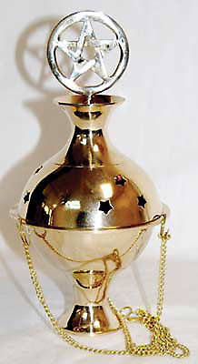 Pentagram Pentacle Crowned Hanging Brass Censer Incense Burner Powder Pagan Gold