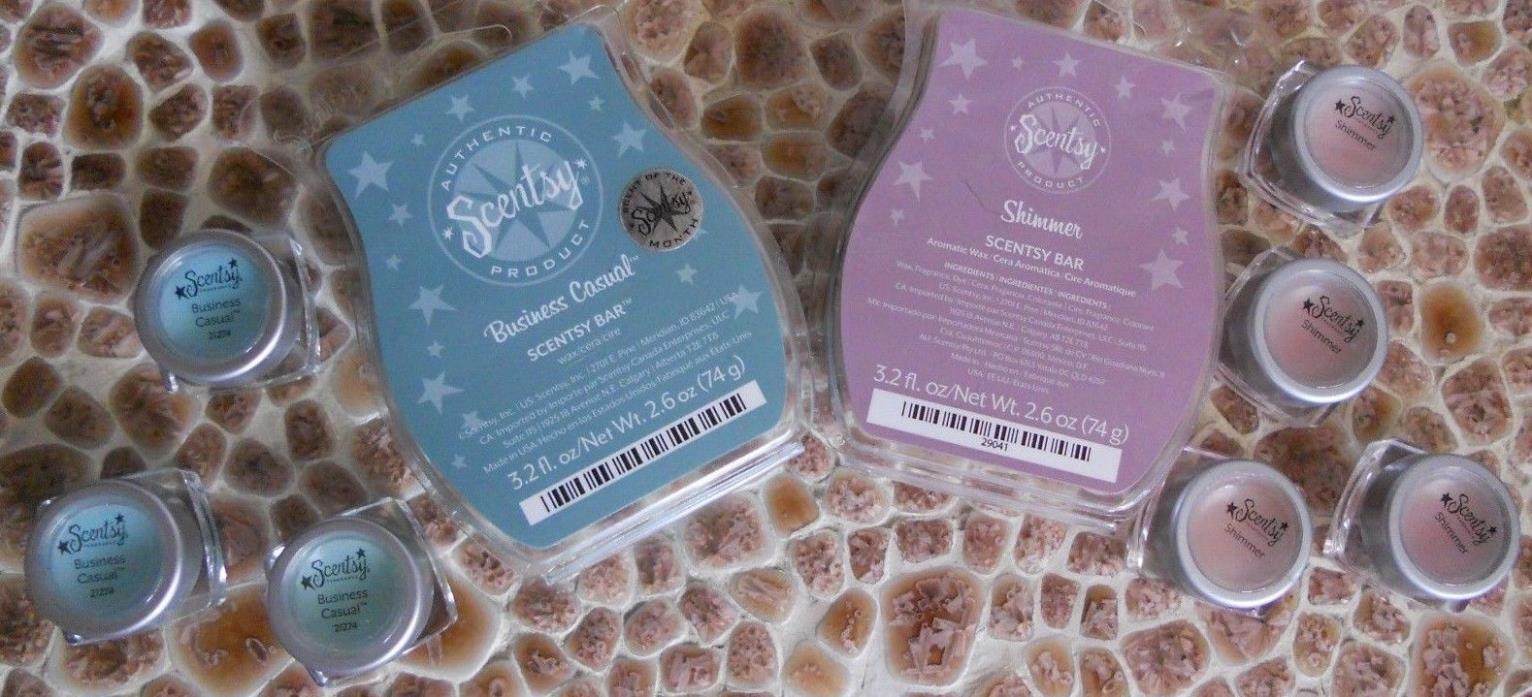 2 Scentsy Wax Bars, Business Casual, Shimmer and 7 Mini Party Testes Melts