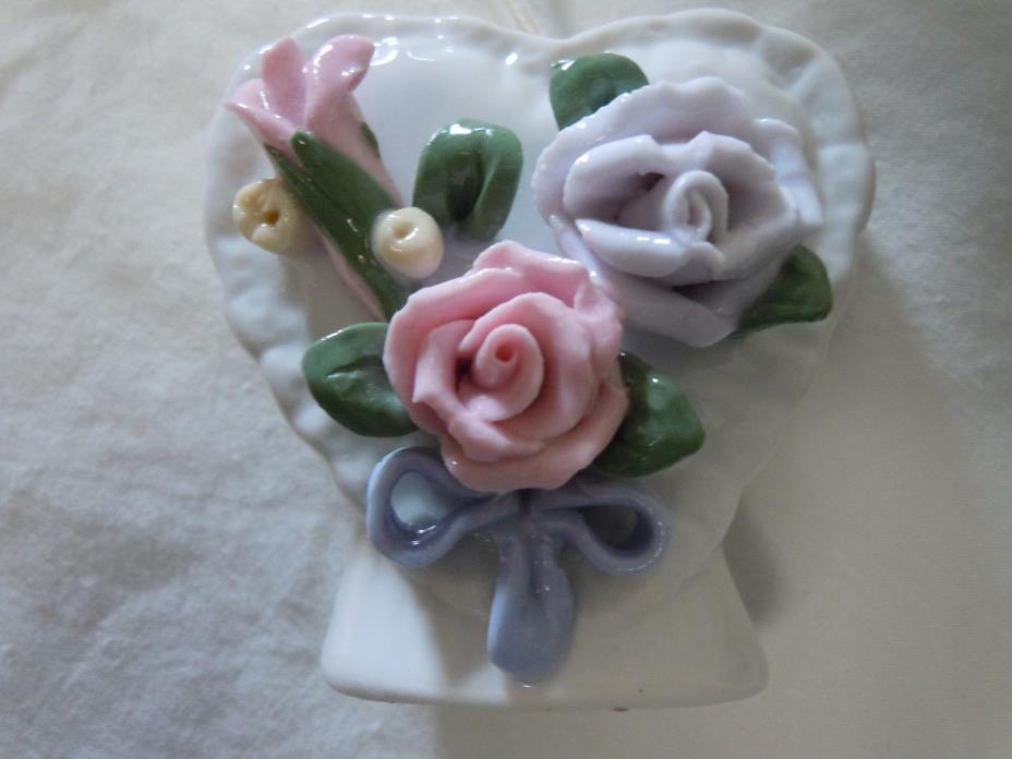 Vintage Heart Shaped Hanging Sachet Holder Scented Potpourri Roses Porcelain