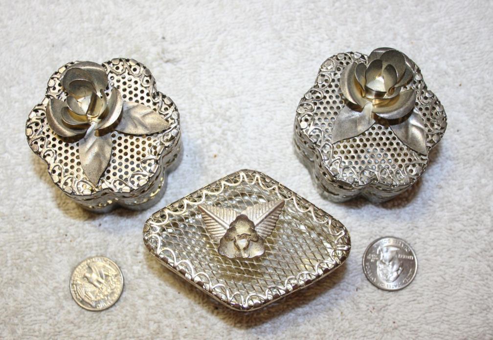 3 Lovely Silver Tone Metal Potpourri Holders With Flower On Top