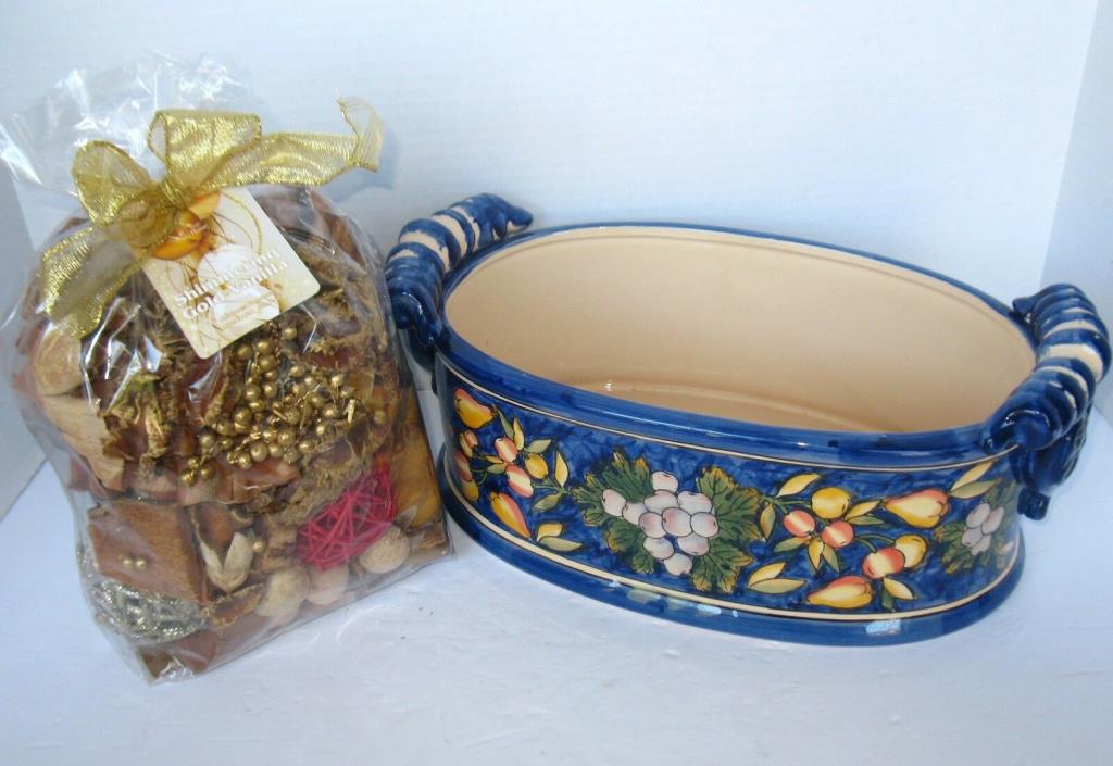 Ceramic Oval Bowl & Handles, Tuscany? Cobalt Blue w/Fruit,Gold Vanilla Potpourri