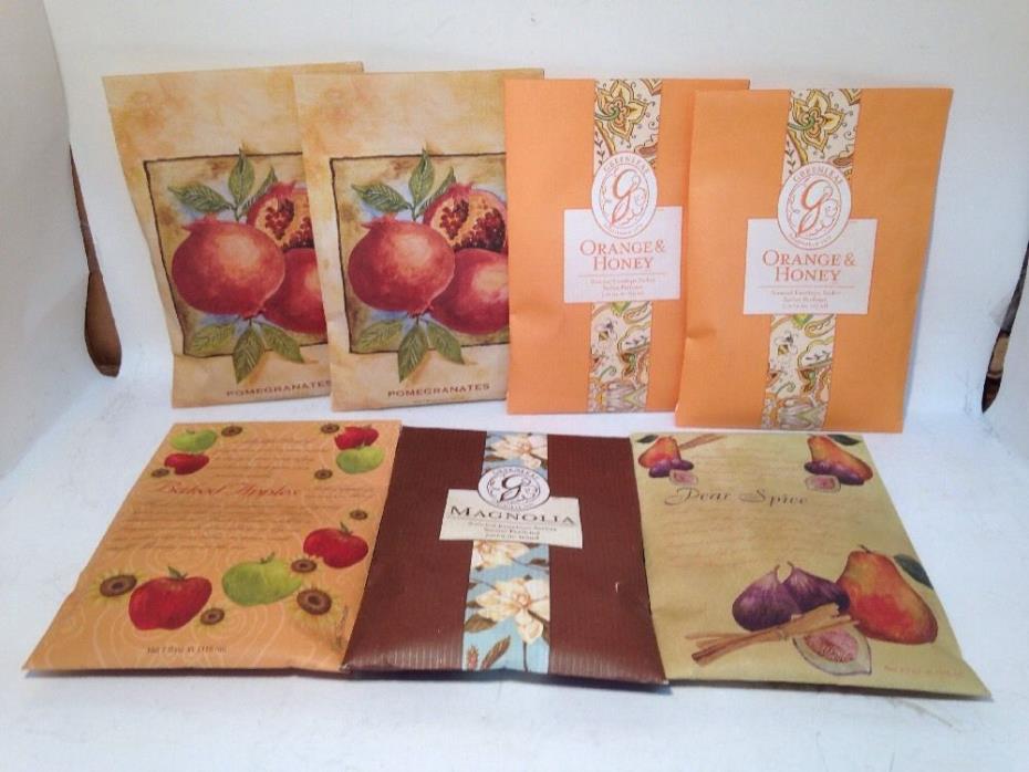 7 Greenleaf Scented Sachets-Magnolia, Orange/Honey, Pomegranate, Pear, Apple