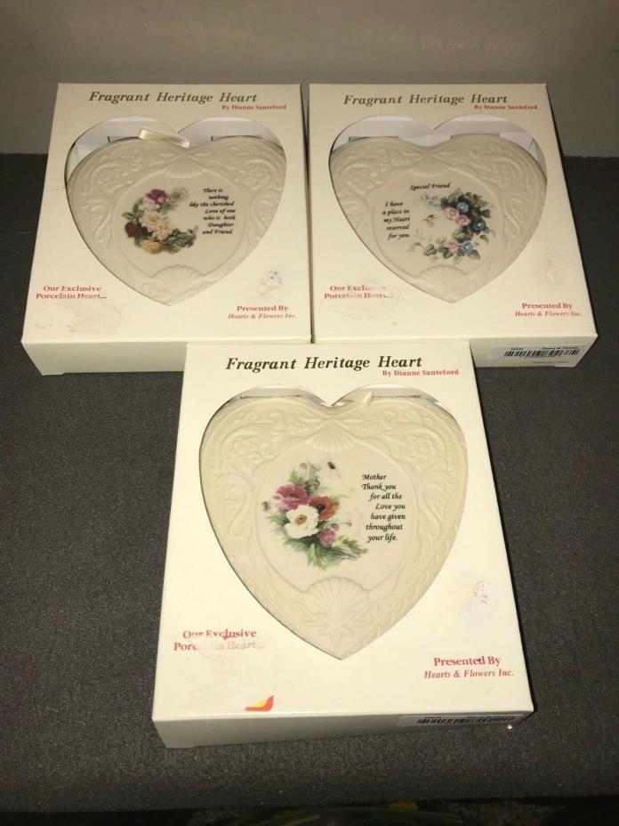 LOT OF (3) PORCELAIN FRAGRANT HERITAGE HEARTS BY DIANNE SANTEFORD 5X5 - 1995